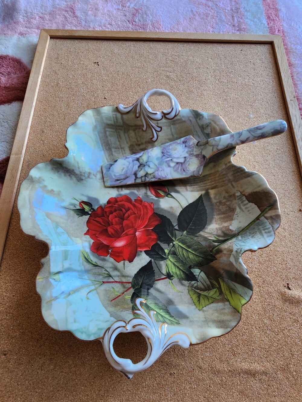 Floral Porcelain Serving Platter with Cake Server - Red Rose Design
